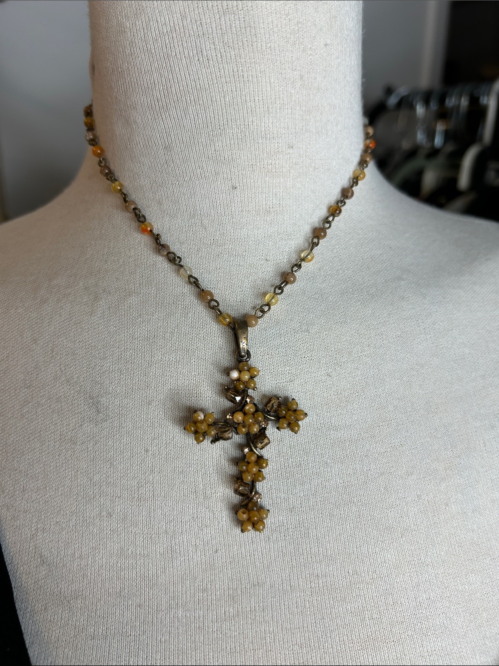 Gemstone Beaded Floral Cross Pendant Necklace